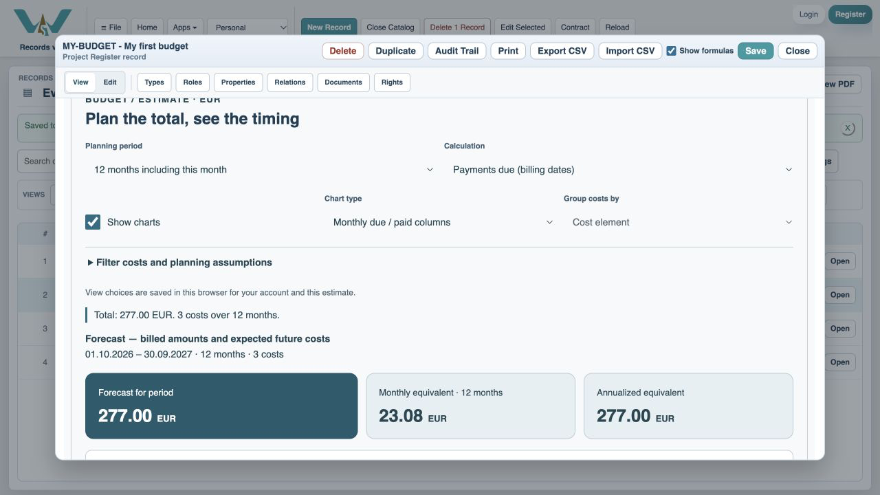 Open My first budget — Inspect its 12-month total. In this example it is 277 EUR.