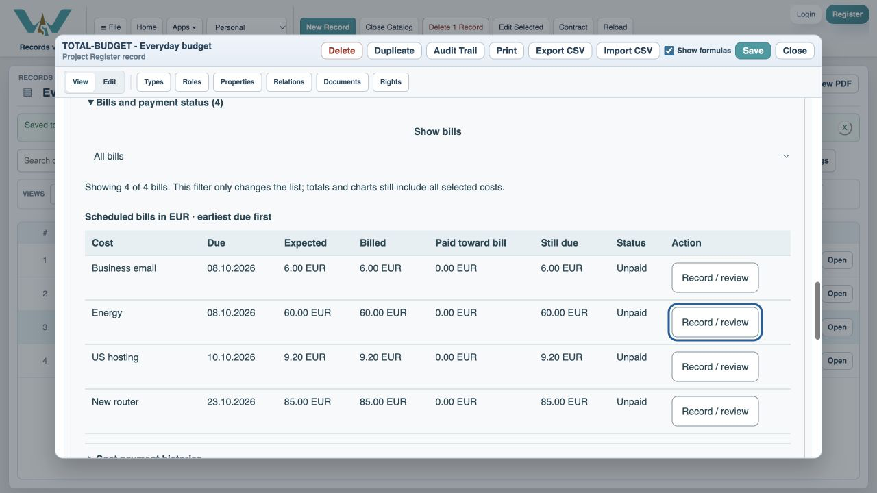 Expand the bills — Open Bills and payment status. Rows are ordered by due date.