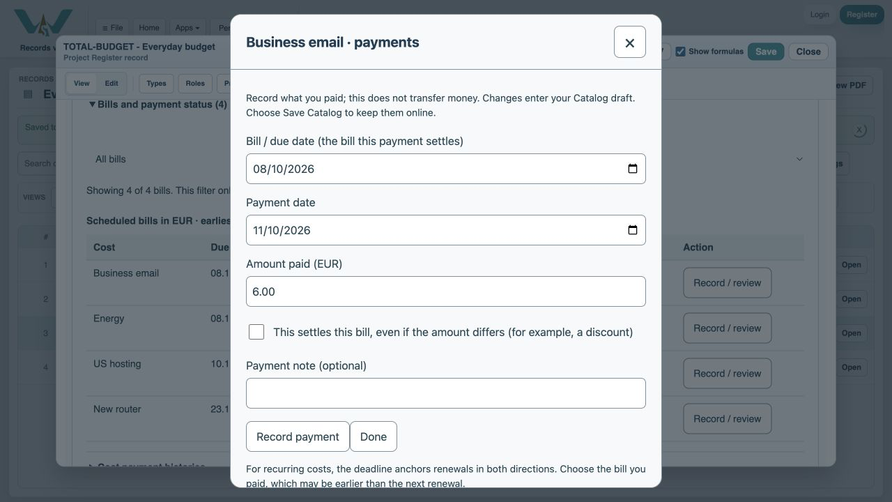 Open the bill’s payments — Choose Record / review on the Business email row.