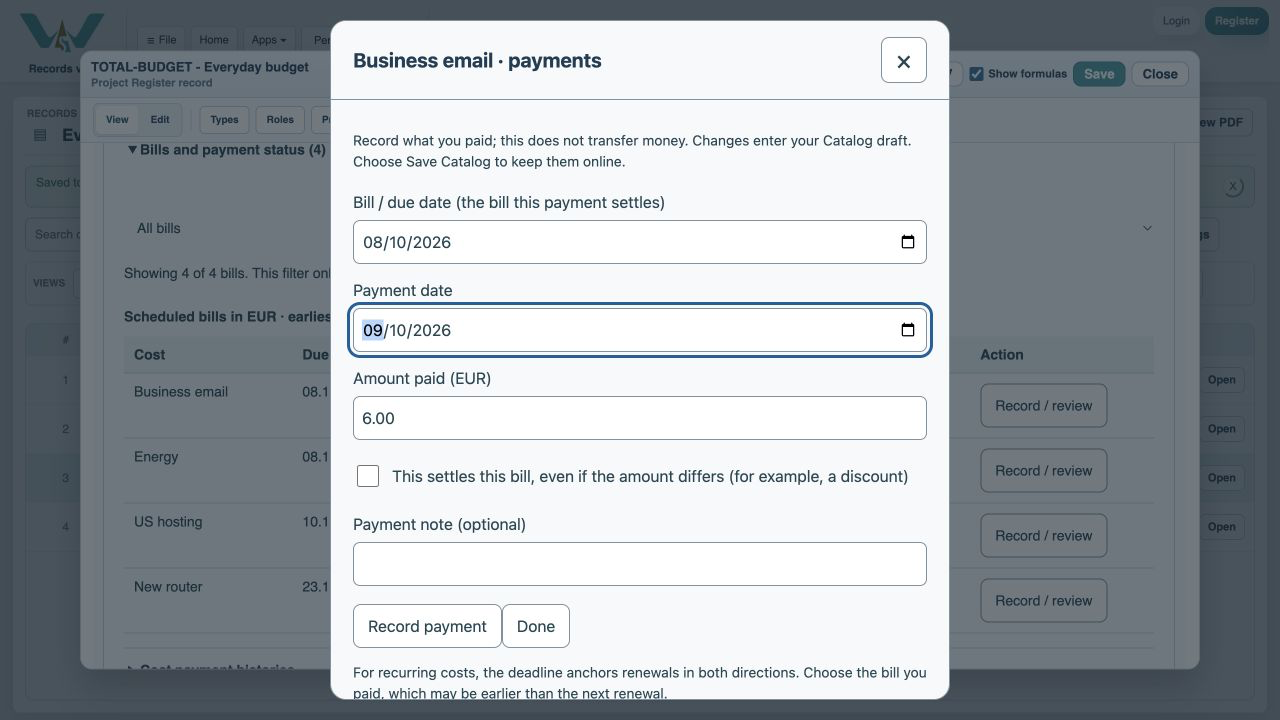 Enter the payment date — Set Payment date to 9 October 2026.