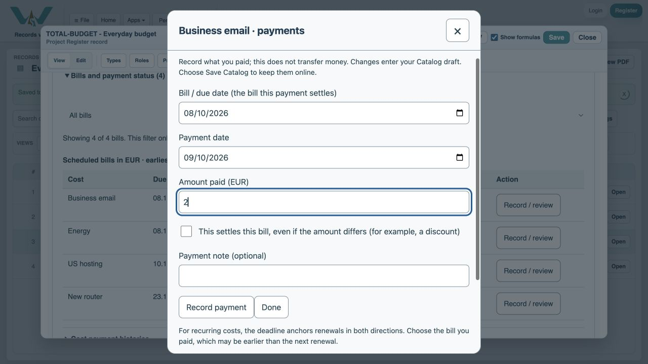 Enter the first amount — Type 2. Leave This settles this bill unchecked.