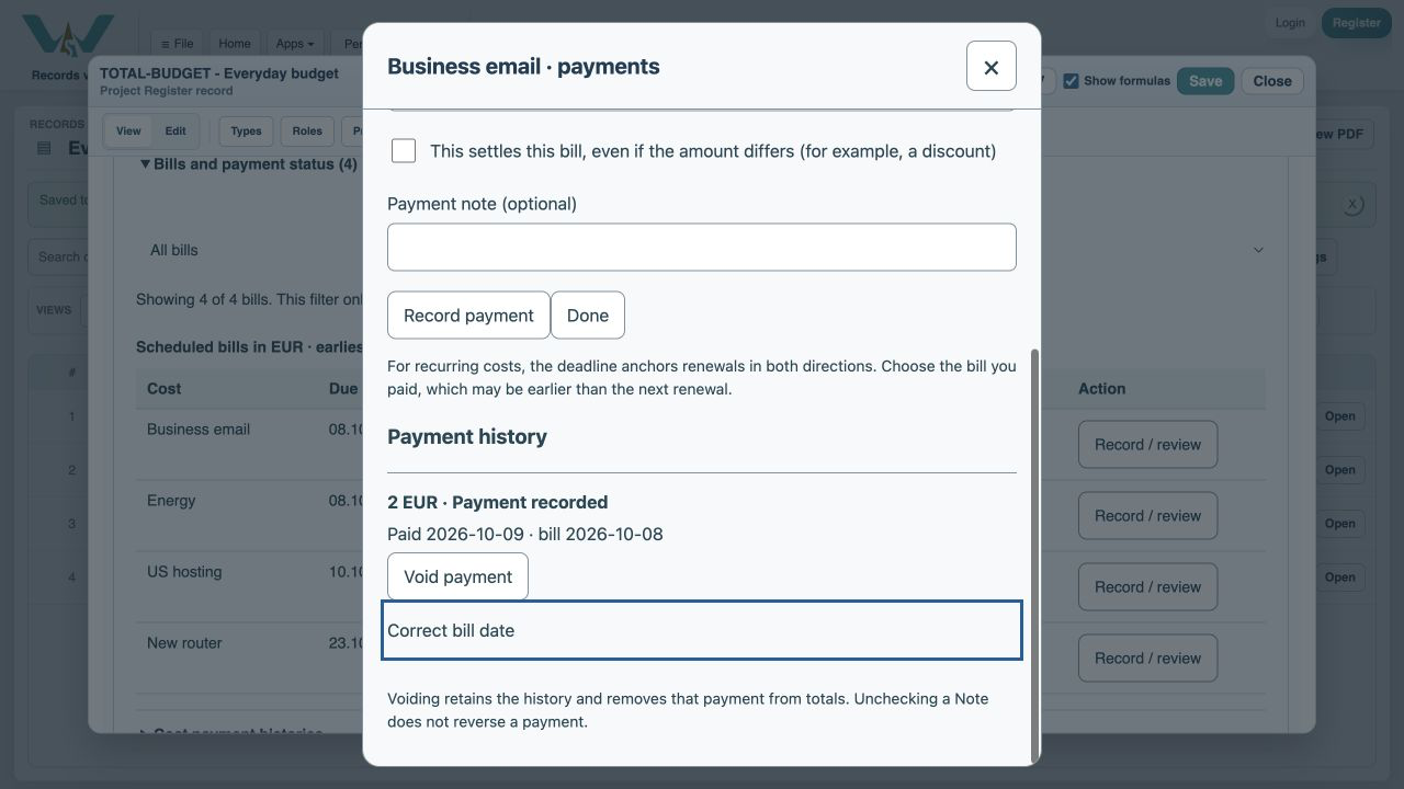 Record the partial payment — Choose Record payment. History retains the entry and 4 EUR remains.