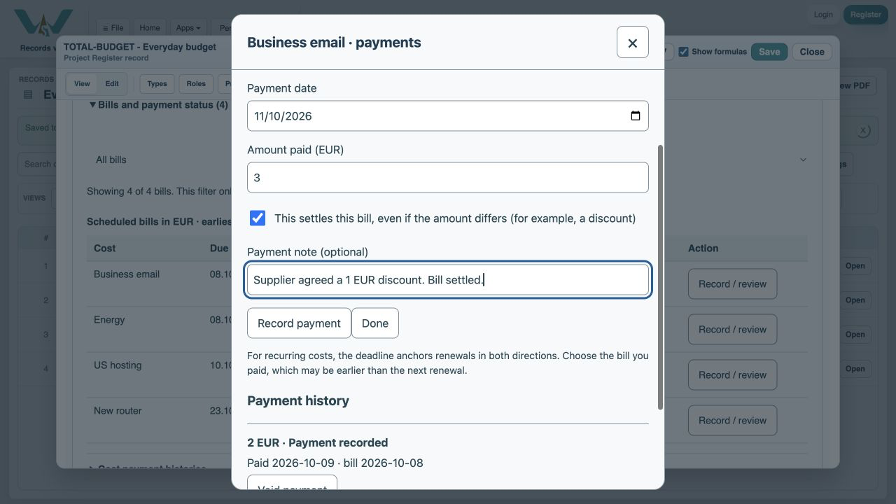 Explain the reduction — Enter Agreed 1 EUR discount in Payment note.