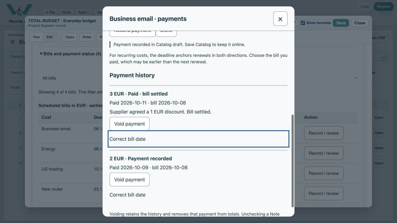 Record the final payment — Choose Record payment. Both entries stay in the history.