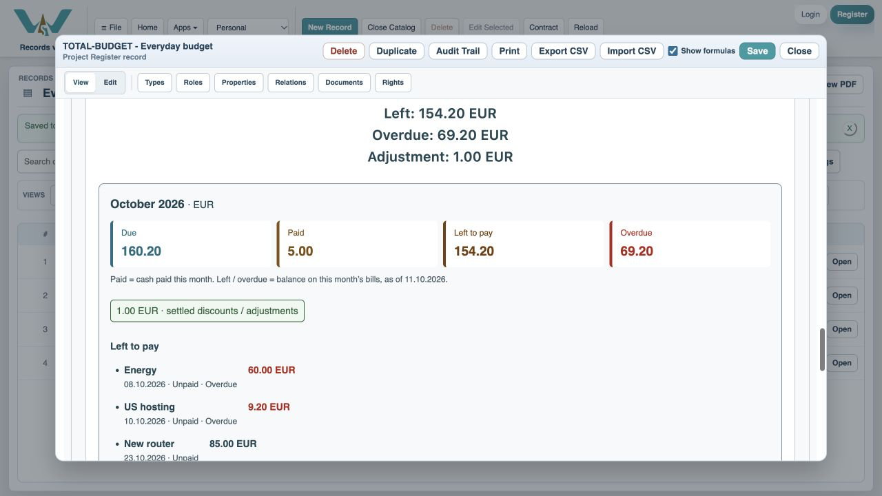 Inspect the monthly columns — Click or tap the month, or press Enter or Space, to read the concise amounts and open bills. Red marks confirmed overdue money.