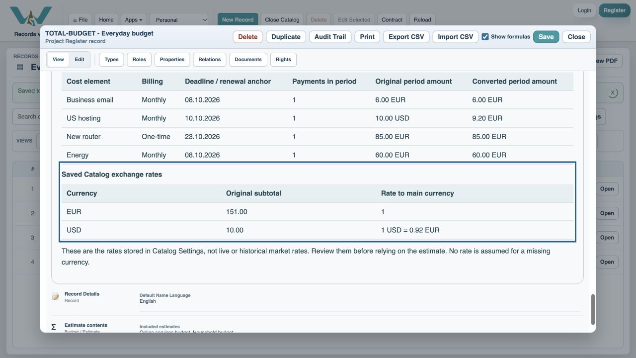 Inspect conversion rates — Expand Included costs and conversion rates. Confirm the saved rates and any warning.