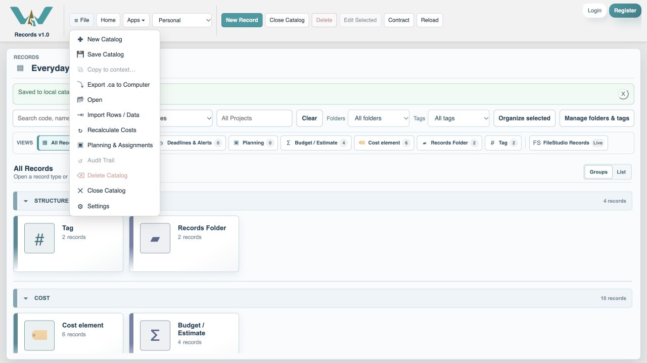 Keep your work — For an online Catalog choose File → Save Catalog. For a computer-only exercise, select All Records and export the complete .ca file. The illustration shows that menu in the variable-bill exercise.