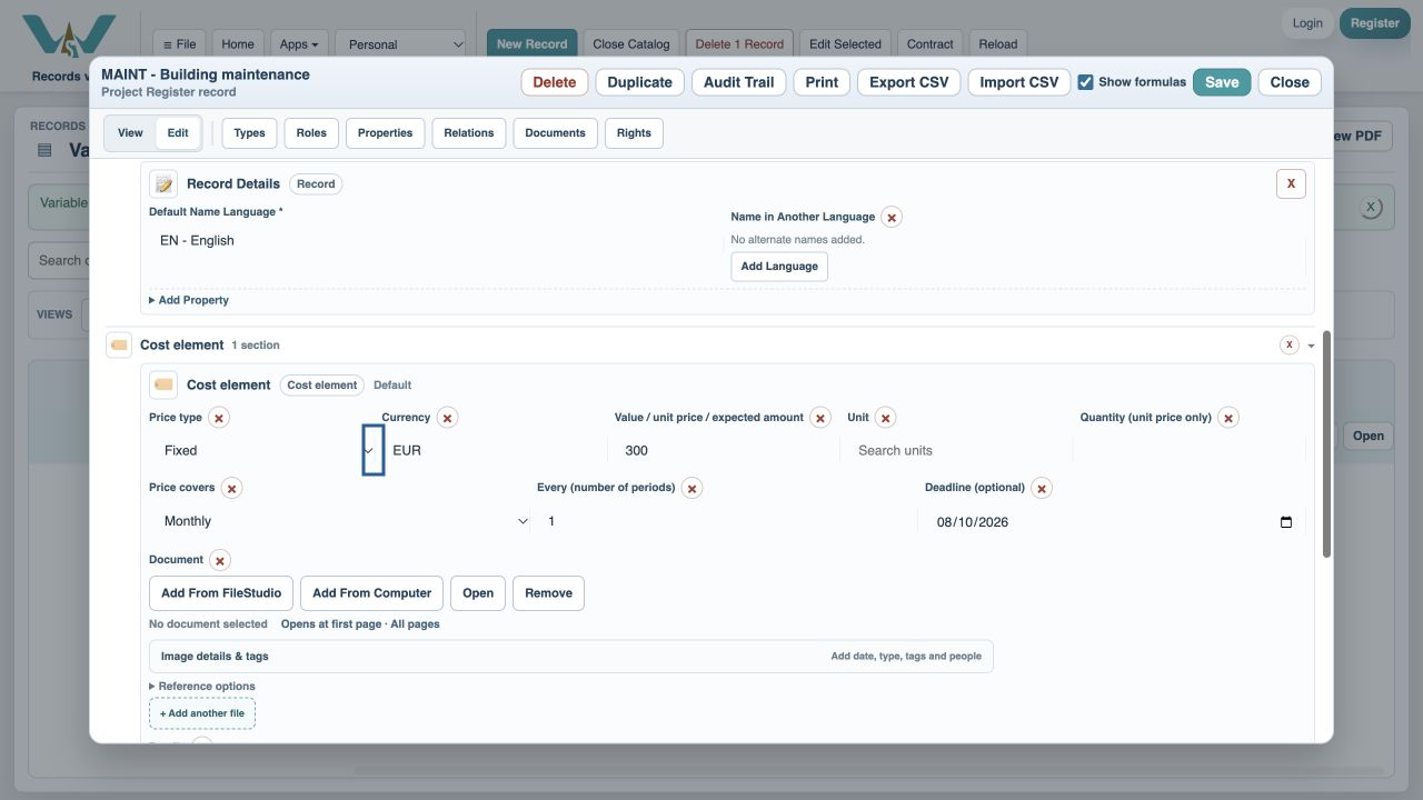 Edit Building maintenance — Open the cost in the Cost element view, then choose Edit.