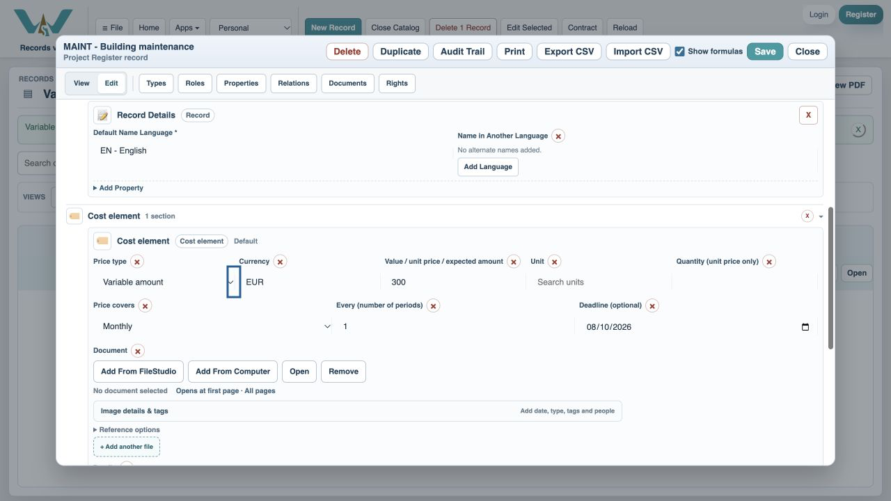 Choose Variable amount — Scroll to the Cost element fields. Select Variable amount and keep 300 EUR as the expected amount per monthly occurrence.