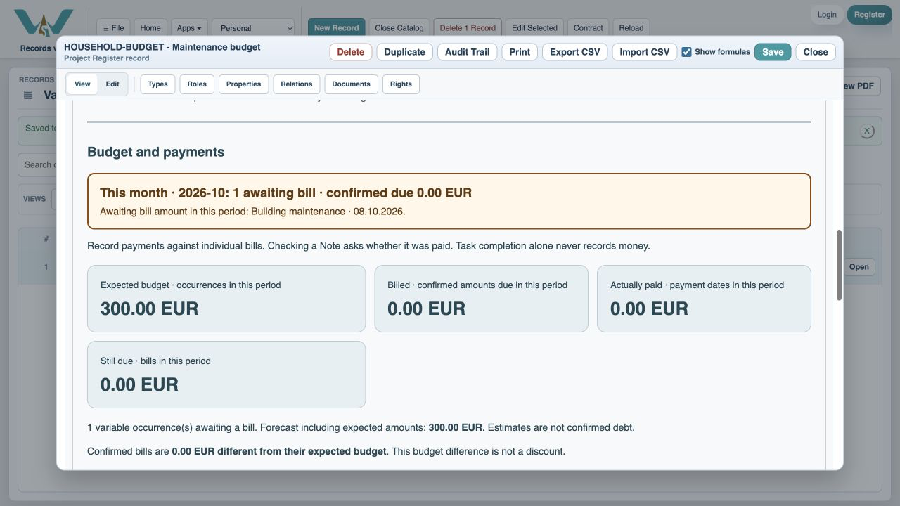 Open the monthly budget — Open Maintenance budget, choose This month, then scroll to Budget and payments. Expected is 300 EUR; billed, paid and confirmed still due are zero until an invoice is entered.