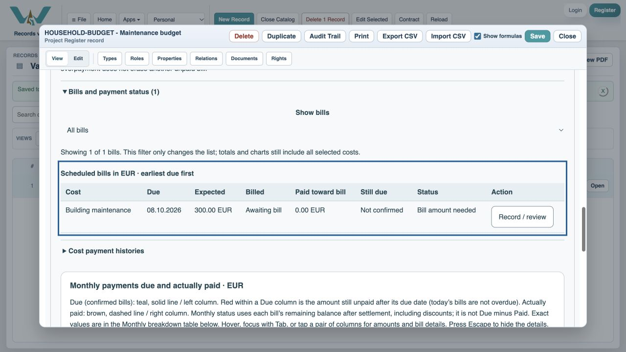 Expand the bill list — Open Bills and payment status. A past expected date says Bill amount needed.