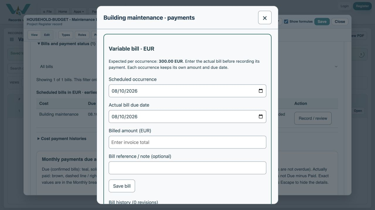Open Record / review — Use the action on the maintenance row.
