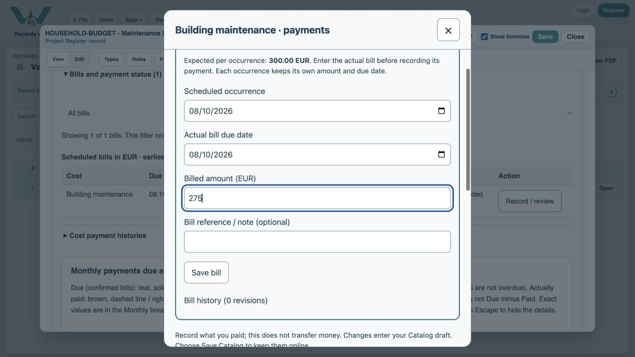 Enter the invoice total — Type 275 in Billed amount (EUR). This does not record any payment.