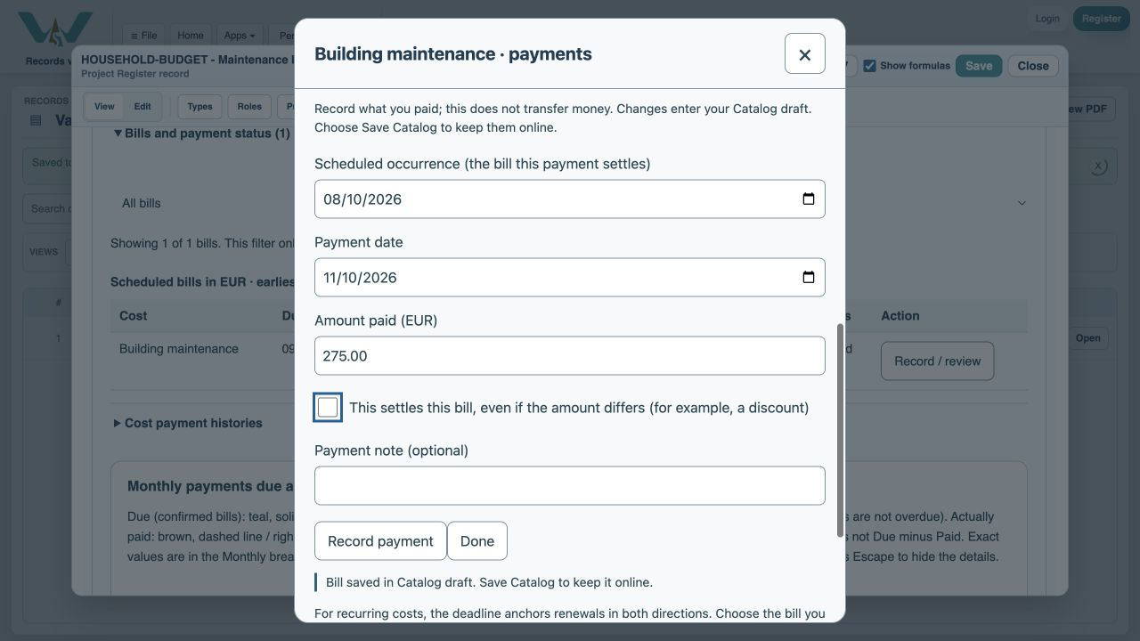 Save the bill — Choose Save bill. The payment amount now suggests the 275 EUR invoice total.