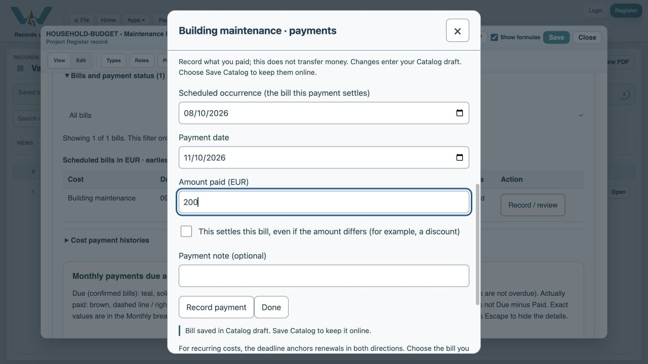 Enter the partial payment — Type 200 in Amount paid. Leave the settlement checkbox unchecked. Use the actual payment date; this example uses 11 October 2026.