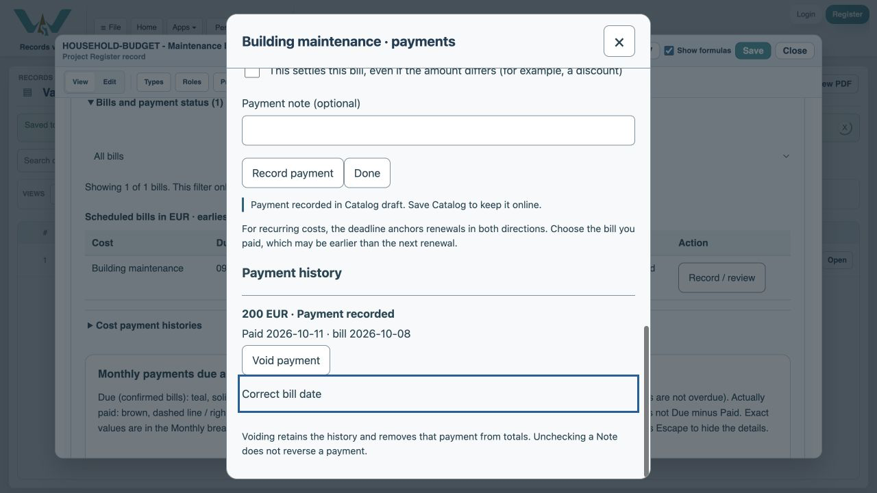 Record the payment — Choose Record payment. History retains 200 EUR and 75 EUR remains.