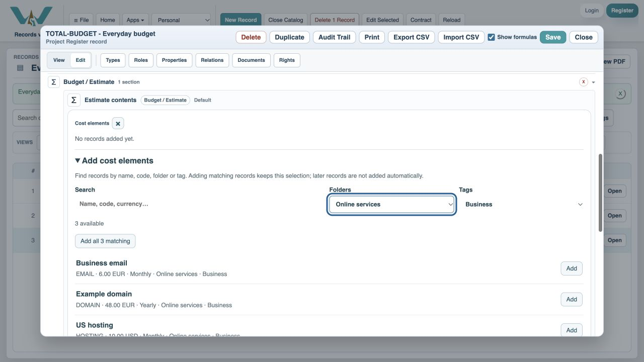 Folder filtering narrows the available costs.
