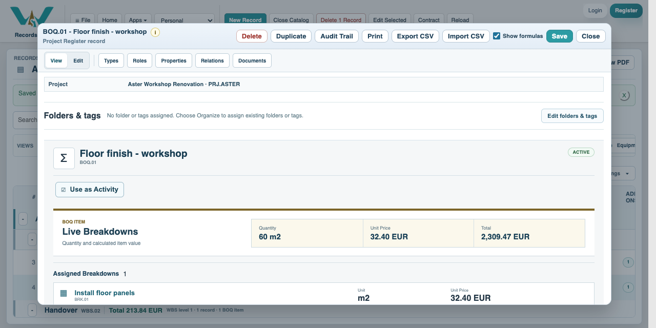 Create and assign the BOQ in Catalog with fictional Aster data