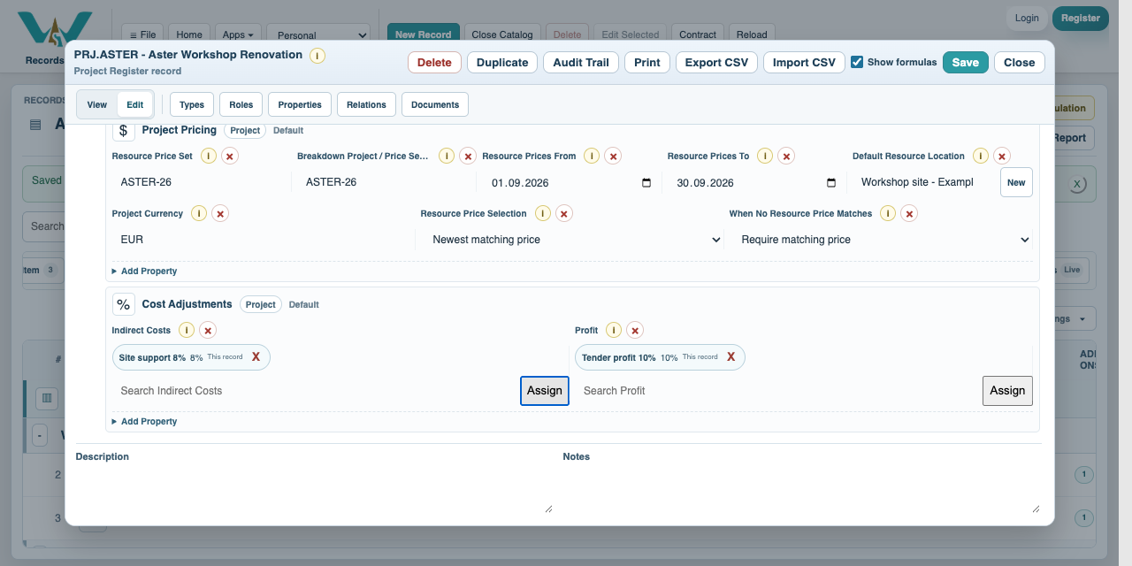 Add indirect cost in Catalog with fictional Aster data