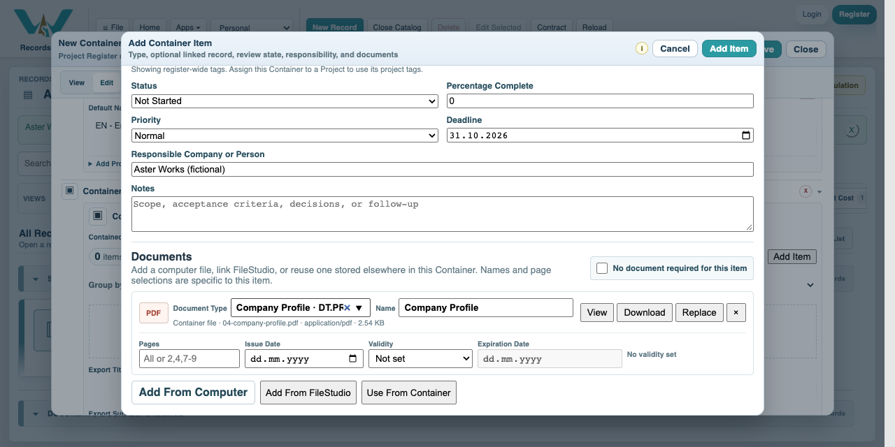 Attach and name the document in Catalog with fictional Aster data