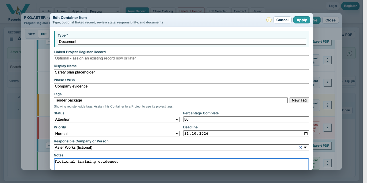 Set responsibility and progress in Catalog with fictional Aster data
