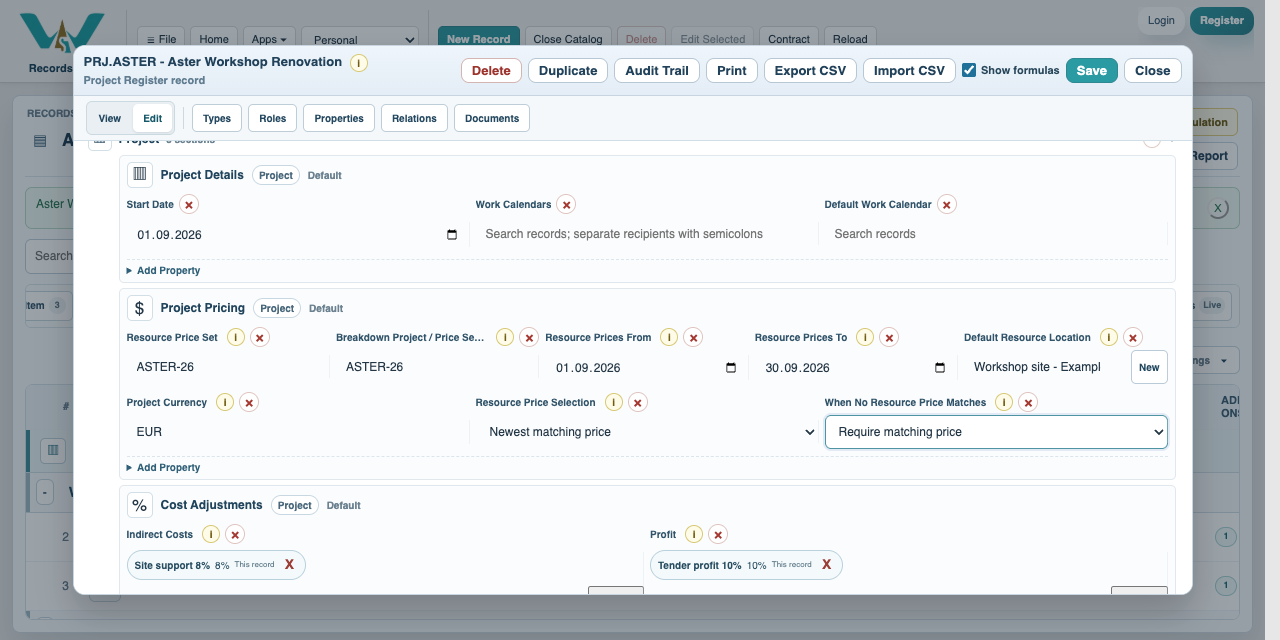 Set Project Pricing in Catalog with fictional Aster data