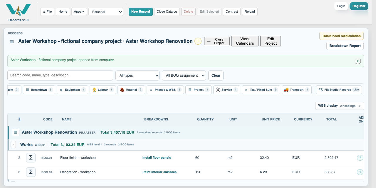 Create the Project and WBS in Catalog with fictional Aster data