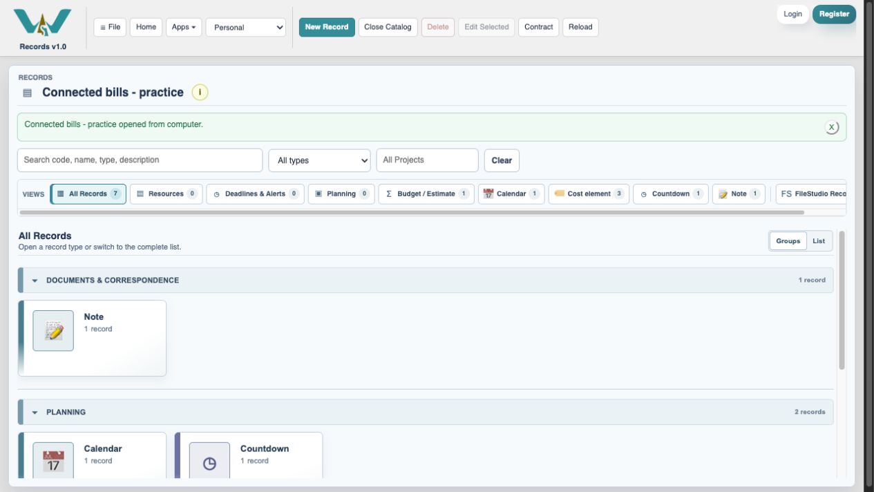 The connected practice Catalog has Notes, costs, a budget, Calendar and Countdown views