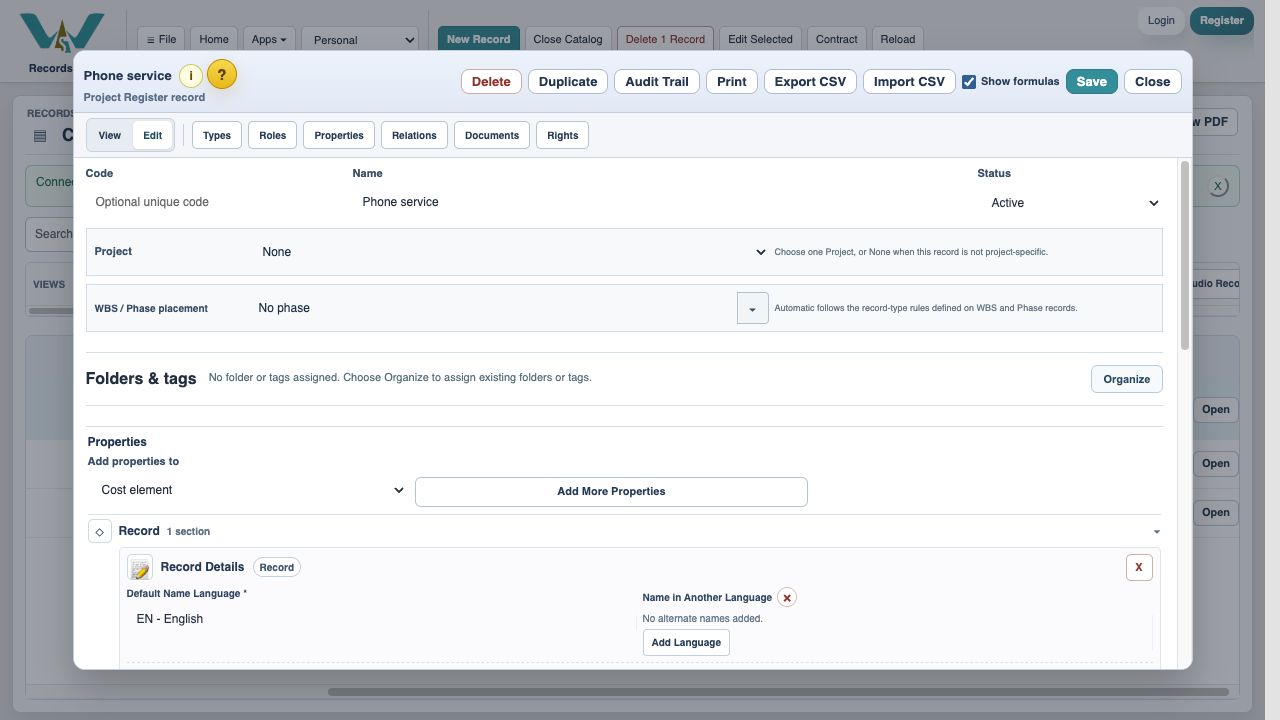 Check the optional code — Choose Edit. Keep the name Phone service. Leave Code blank: it is optional. This reference field is not needed to connect the cost to a task.
