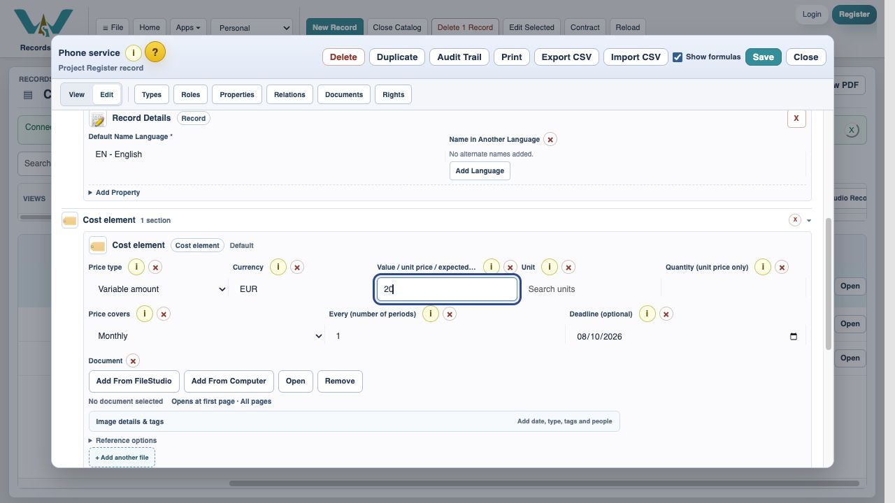 Set the planning amount — In Cost element choose Variable amount, EUR and expected value 20. This remains your planning figure even when an invoice differs.