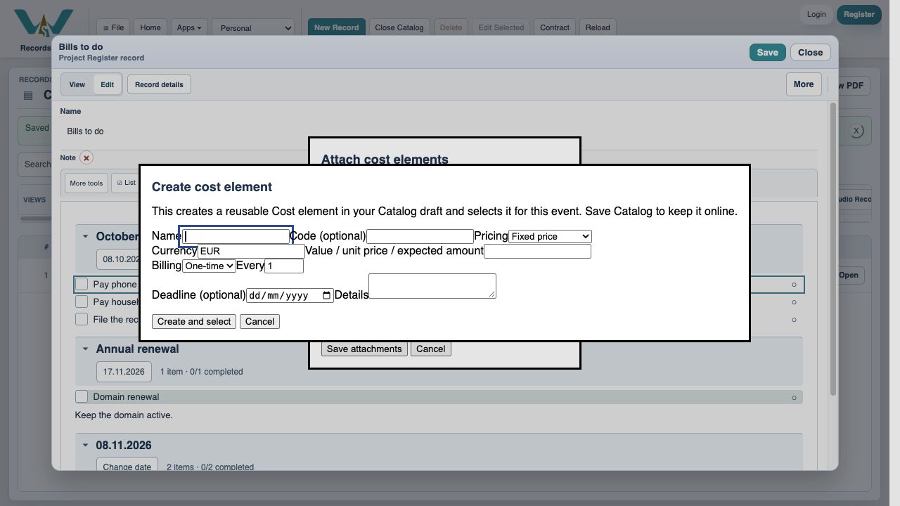 Create a cost here if it does not already exist; Code is optional