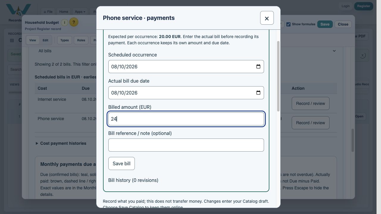 Enter the invoice amount — In Variable bill, keep Scheduled occurrence and Actual bill due date at 08.10.2026. Enter 24 in Billed amount (EUR).
