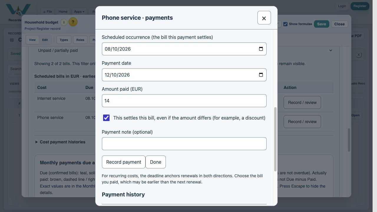 Settle the remaining EUR 14 — Reopen Phone service Record / review, enter 14, and select This settles this bill. Choose Record payment once.