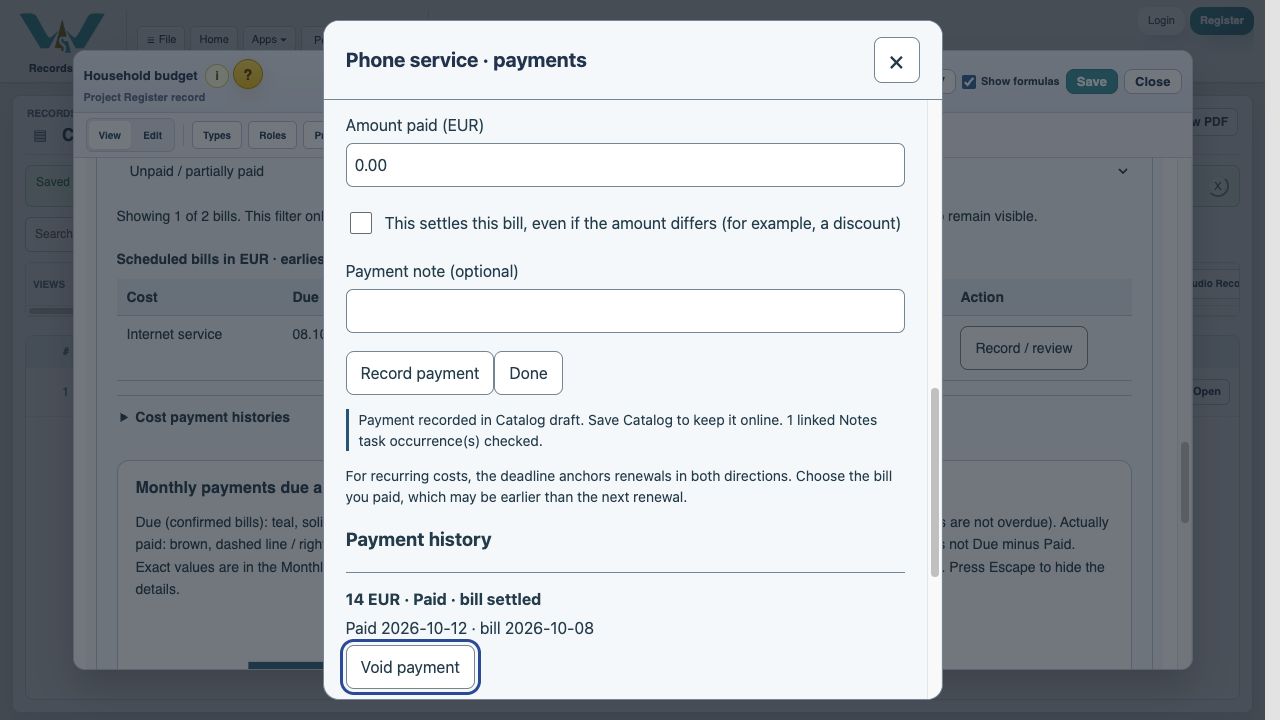 Read the completion result — The result reports one linked Notes task occurrence checked. Payment history shows EUR 10 plus EUR 14, settling the EUR 24 invoice.