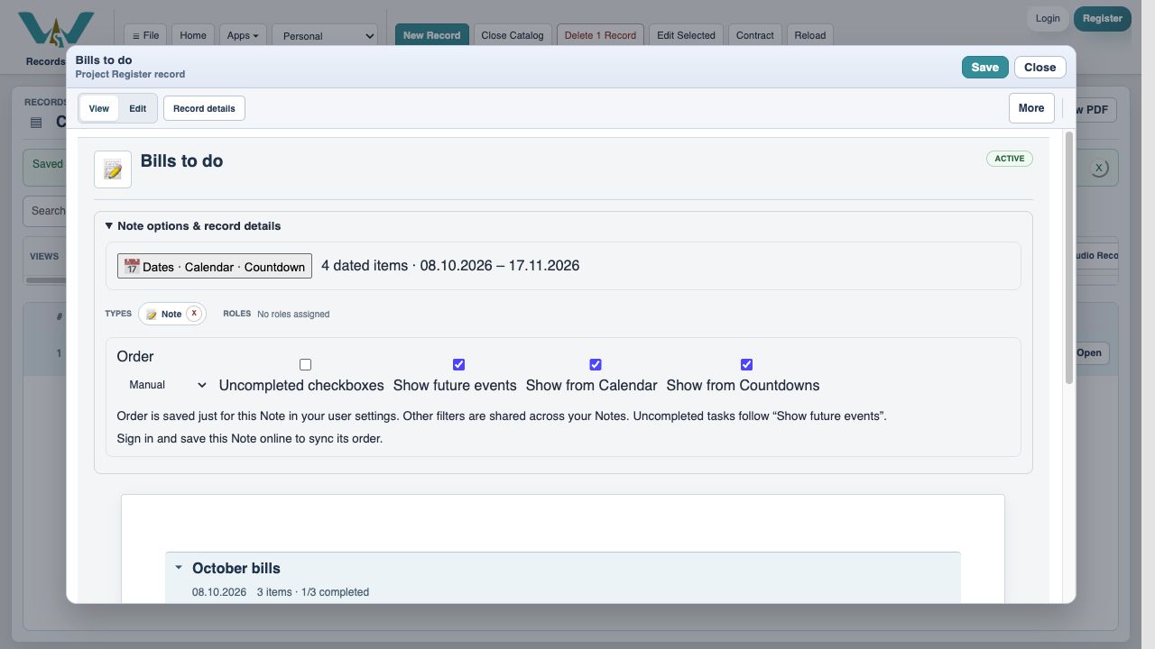 Set your Notes view — Open Note options & record details. Choose the useful section order and use Uncompleted checkboxes if you want to focus on remaining work.