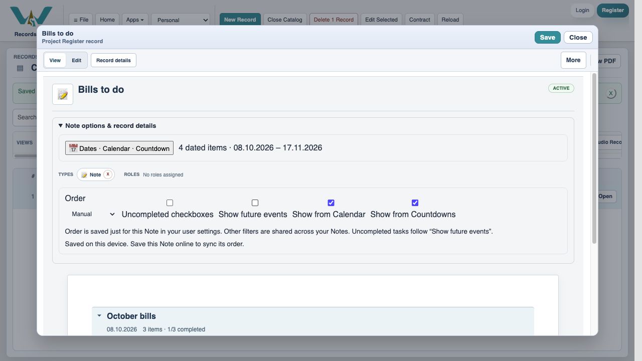Hide future events for this review — Turn off Show future events to focus on current/past dated work. Hiding future sections does not complete or delete their tasks. Restore it later to inspect next month.