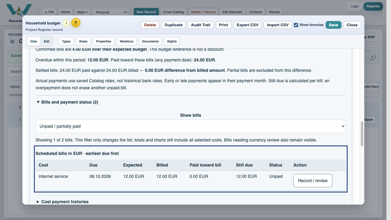 Show only outstanding bills — Expand Bills and payment status and select Unpaid / partially paid. In this starting example, Phone is settled and Internet is the remaining EUR 12 bill.