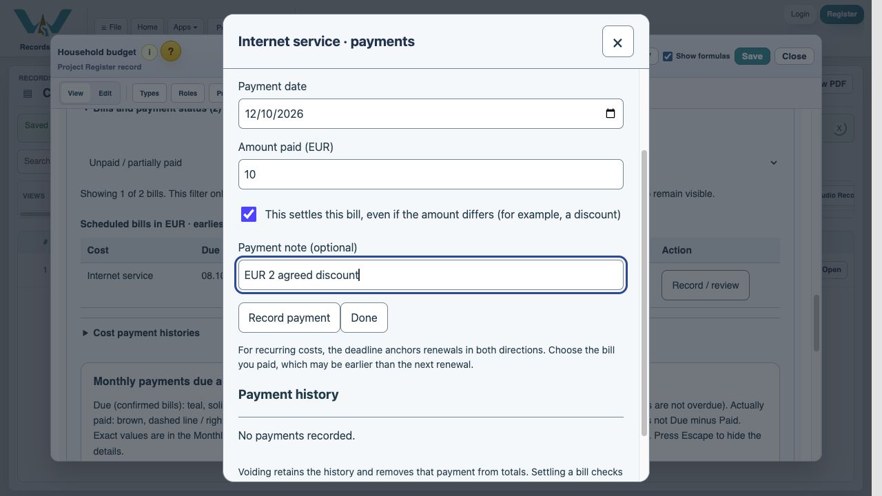 Save the payment entry — Choose Record payment, read the result, then Done. No money is transferred by this action.
