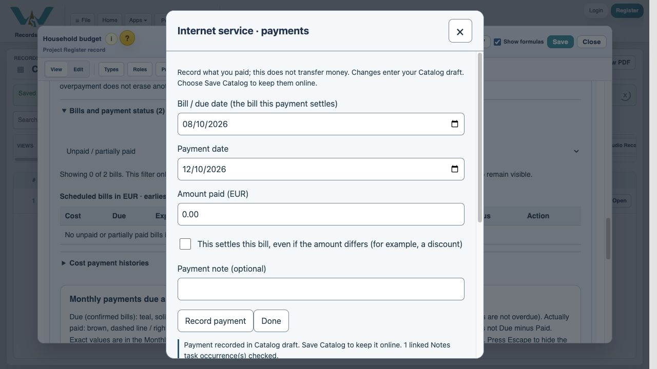 Read the linked-task result — The result reports the matching linked task occurrence checked. Both costs for 8 October are now settled.
