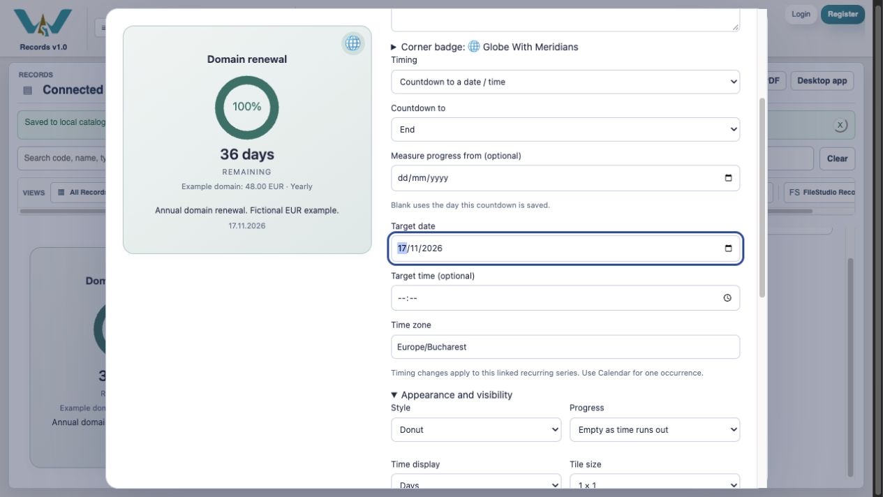 Set the deadline — Use Countdown to a date / time, End, and Target date 17.11.2026. Leave Measure progress from blank unless you want a particular progress range.
