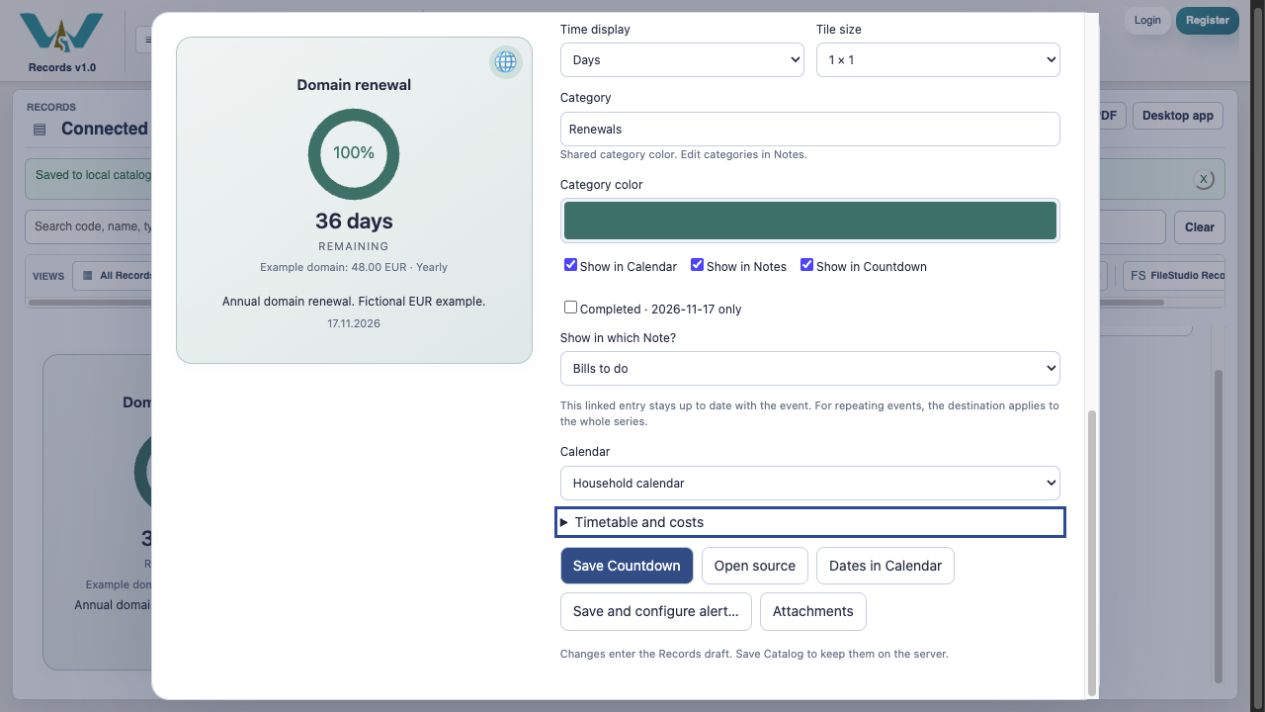 Choose its Calendar — Enable Show in Calendar and select Household calendar. Keep Show in Countdown enabled. These are views of the linked renewal.