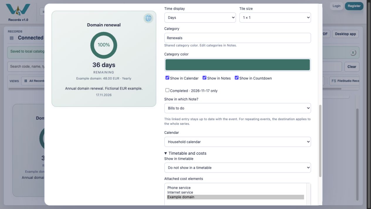 Attach the annual cost — Expand Timetable and costs and select Example domain. Use the existing cost; do not create another EUR 48 cost merely for the countdown.