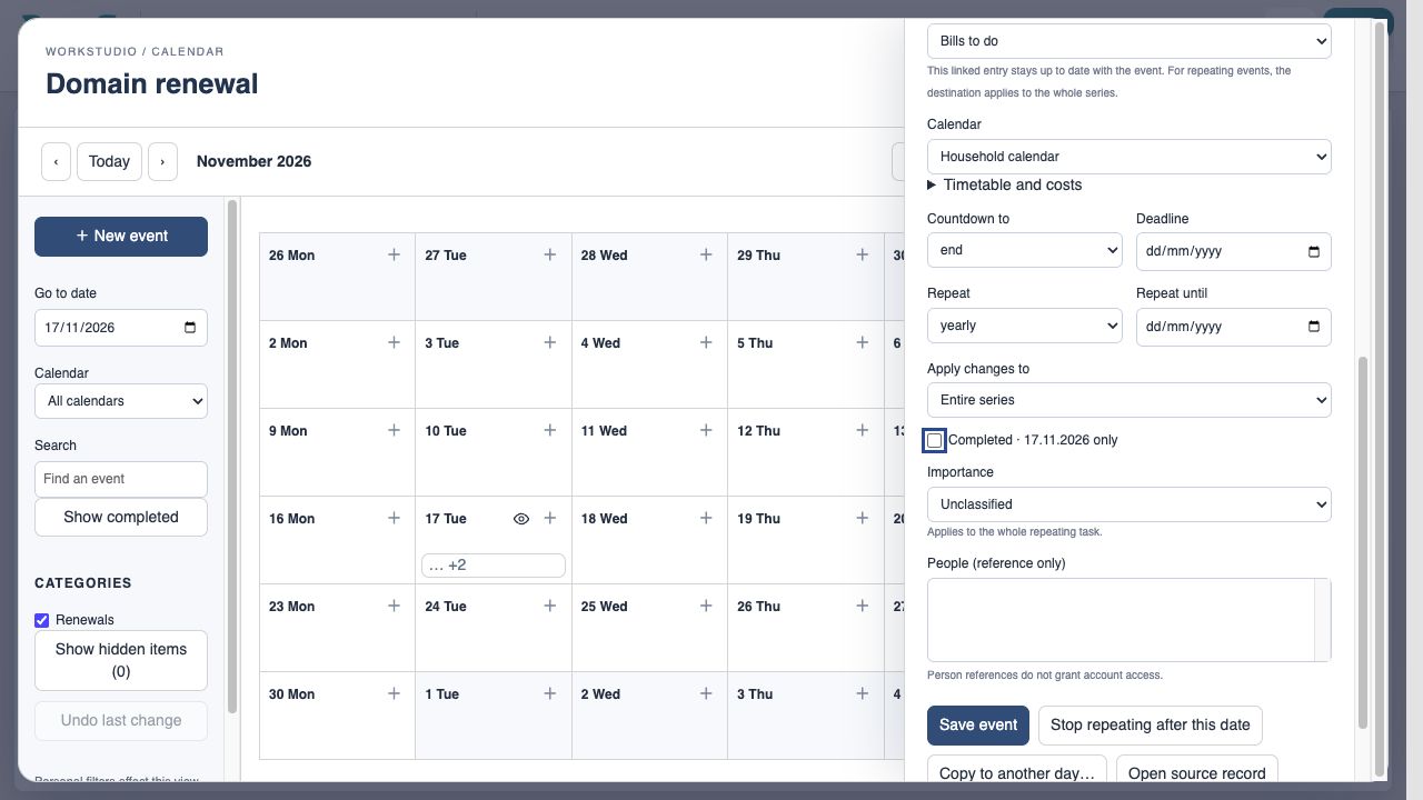 Choose the intended change scope — For a lasting recurrence change select Entire series. Use This occurrence when only one renewal differs.