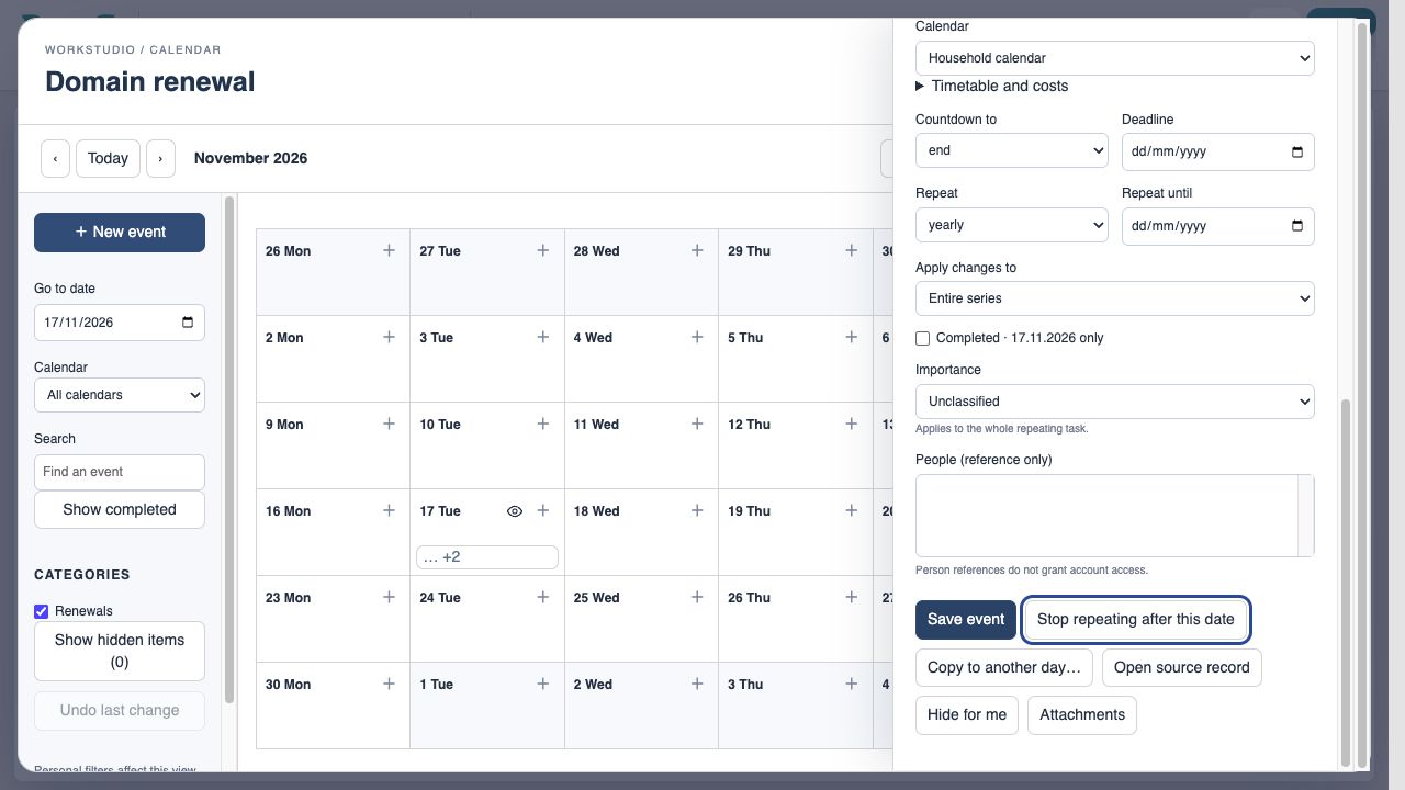Save the event — Choose Save event and close Calendar. Save Catalog when working online.