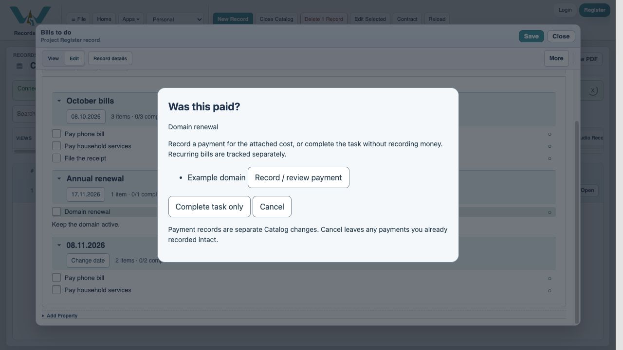 Open payment review — In Was this paid?, choose Record / review payment for Example domain. Complete task only would record no money.