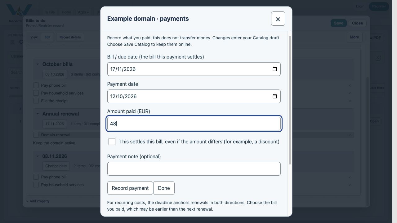 Record the EUR 48 payment — Choose Record payment once. The full amount settles this annual bill and the result reports its matching Notes occurrence checked. No bank transfer is made.