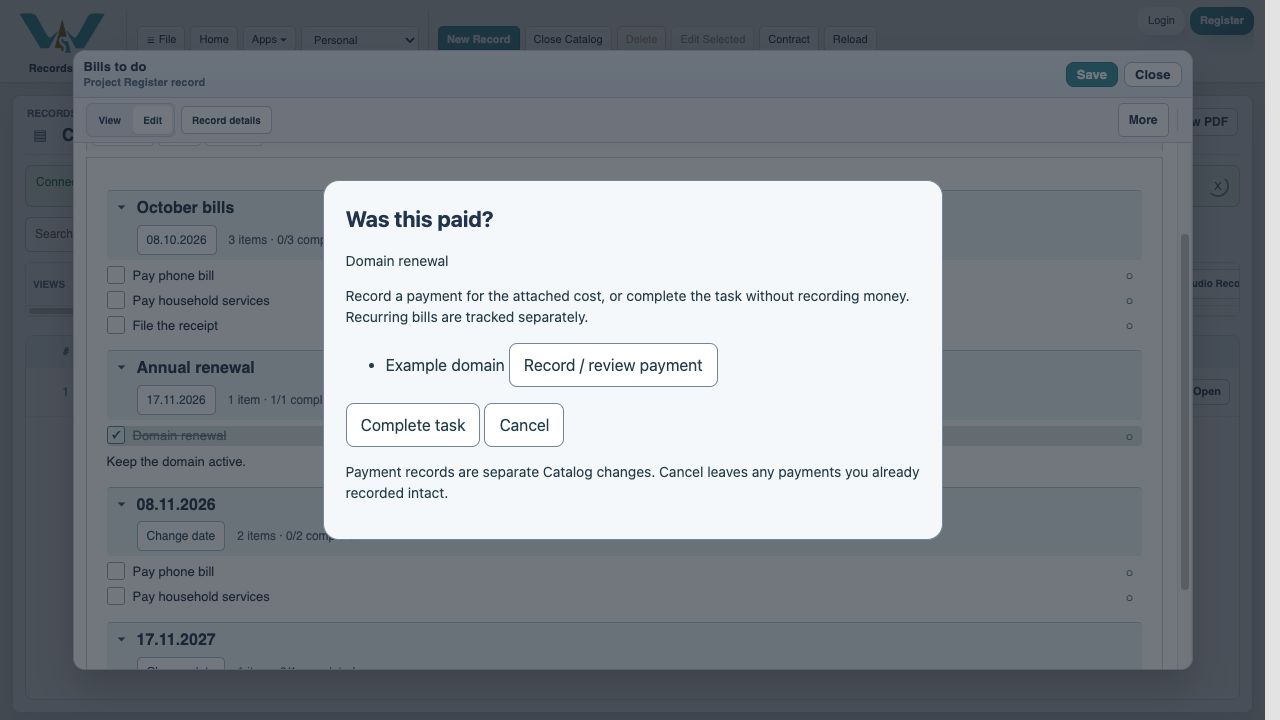 Finish the task prompt — Choose Done to return to Was this paid?, then Complete task. The paid occurrence is already checked by settlement; this closes the task prompt.