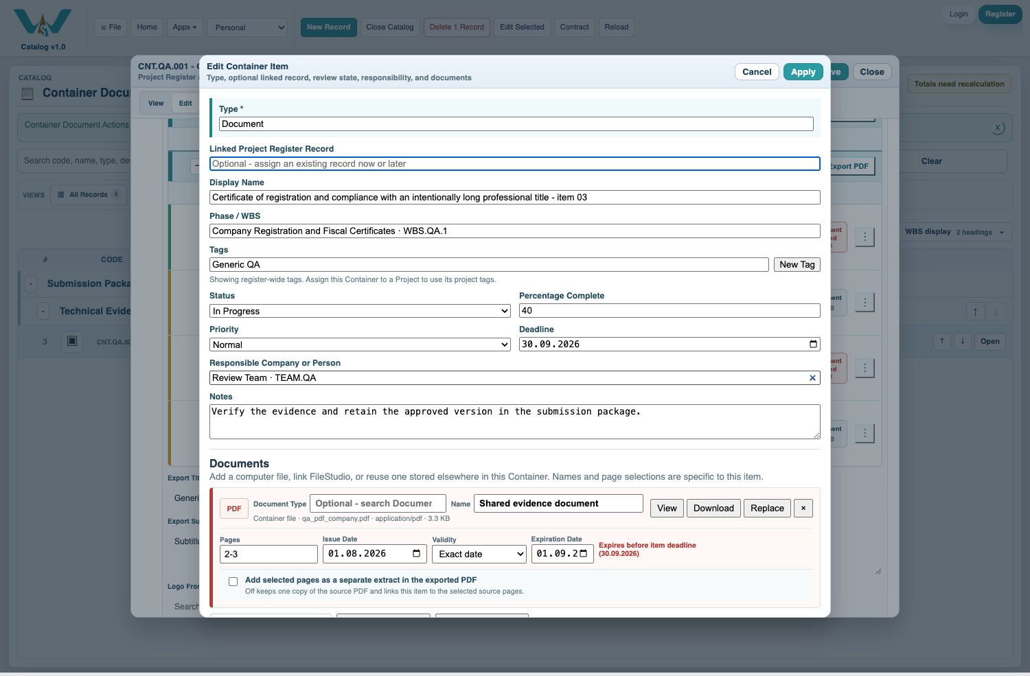 Container document editor with view, download, and validity controls