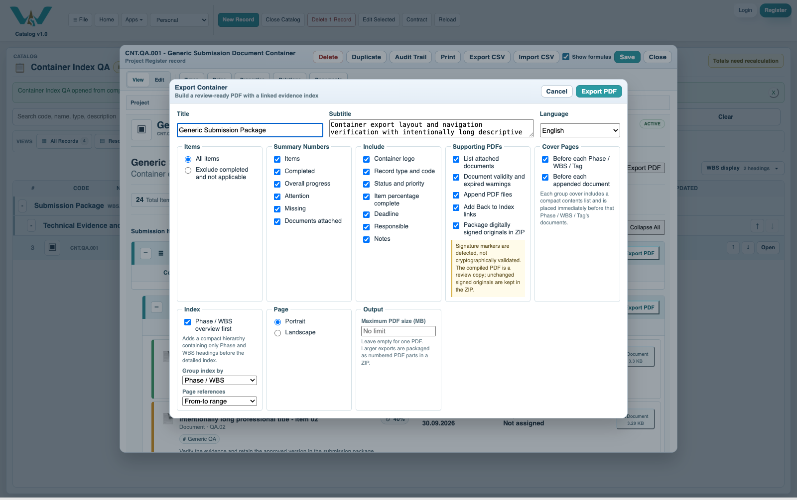 Container PDF export options for a controlled package