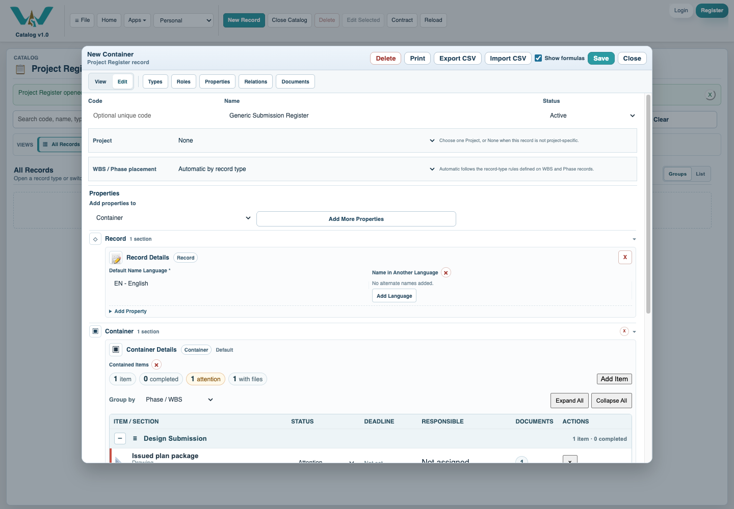 Container editor with a structured list of required items